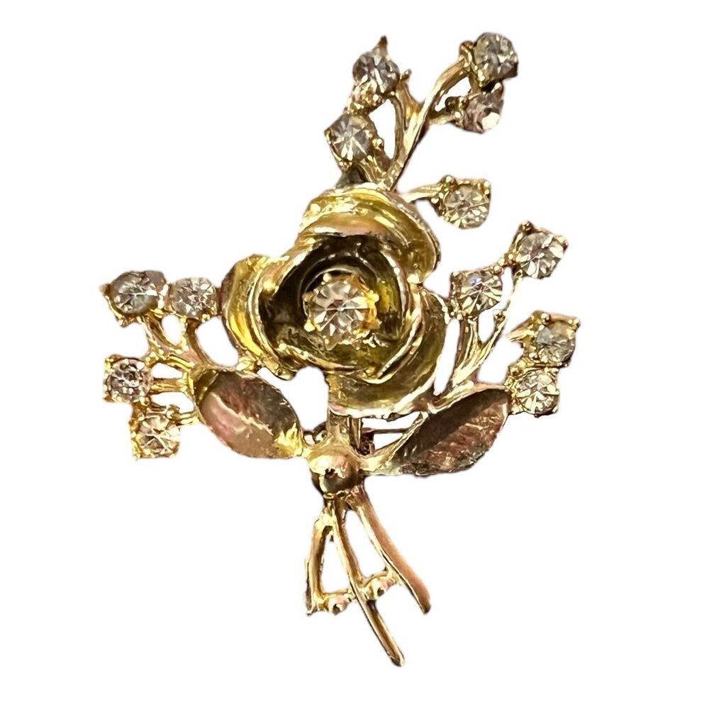 Vintage Rose Rhinestone Gold Tone Brooch